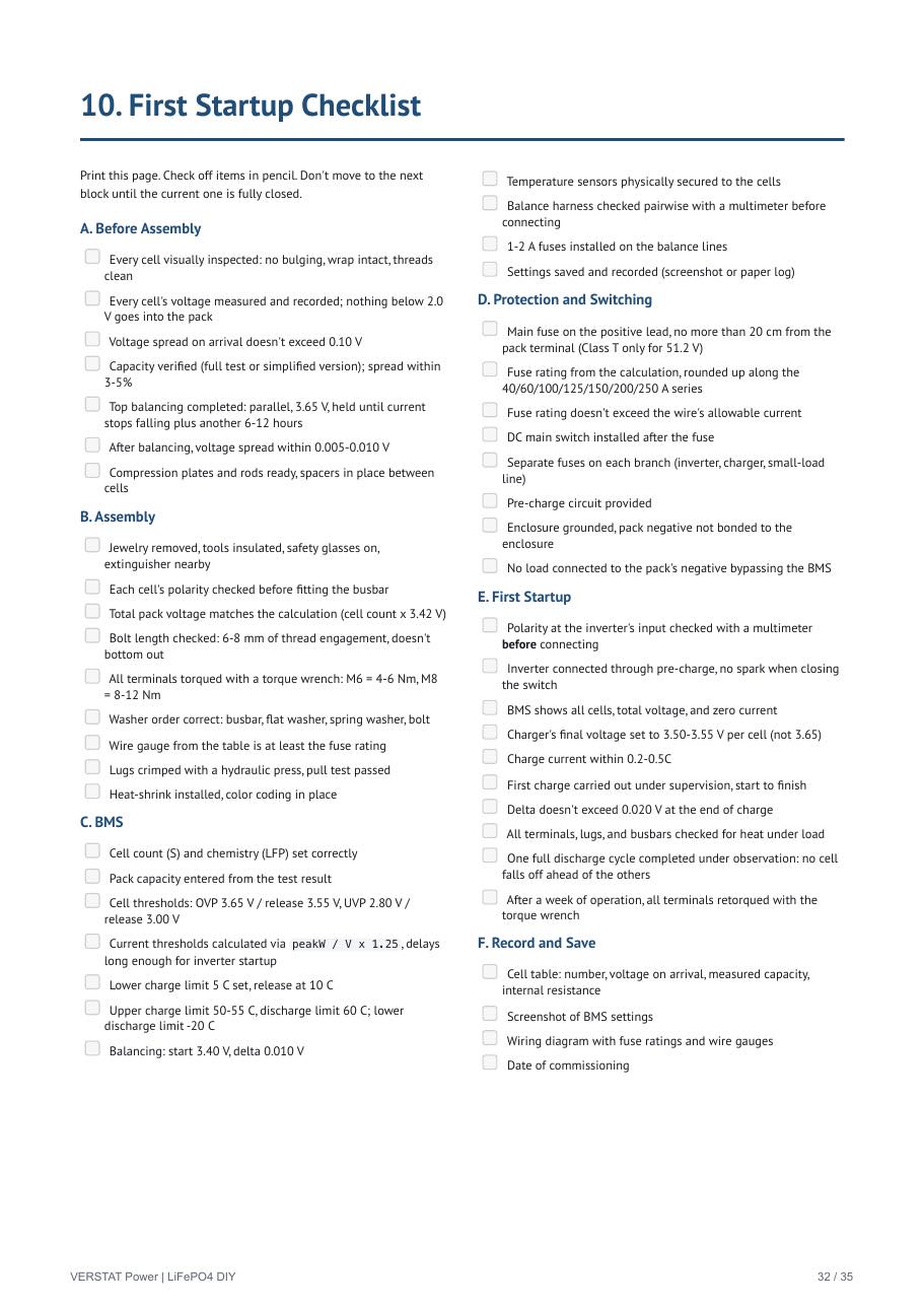 Guide page with the first startup checklist