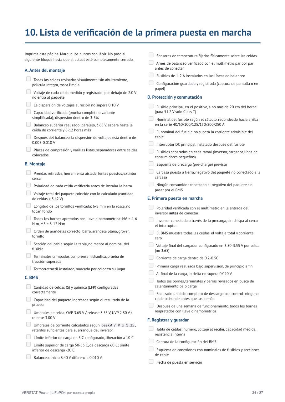 Página de la guía con la lista de verificación del primer encendido